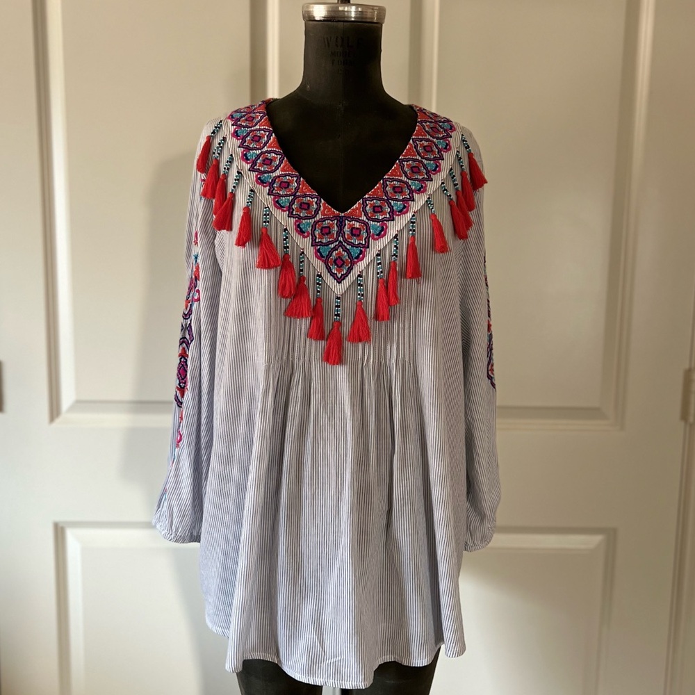 Chico’s 3 NWT Embroidered Stripe Tunic Top Tassel Boho 100% Cotton